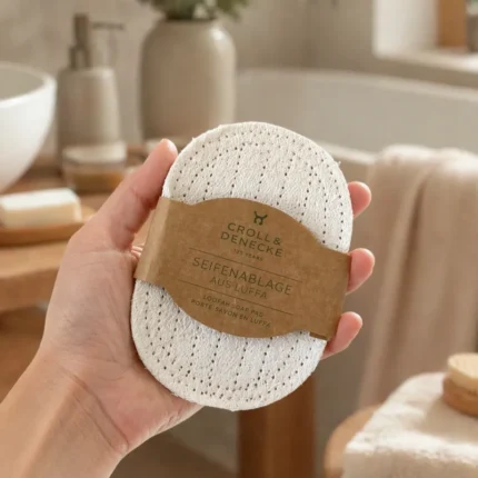 Seifenablage Luffa mit Verpackung und im Badezimmer